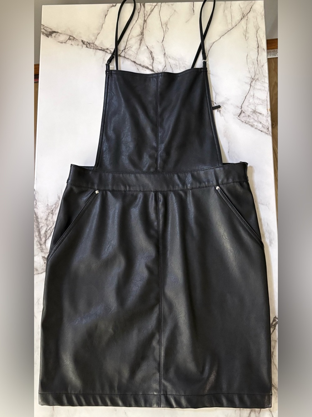 H&M Black Faux Leather Pinafore Mini Dress - Picture 6 of 8